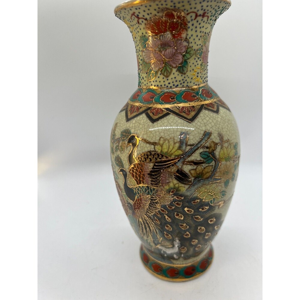 Vintage Satsuma Vase Birds Floral, 8” Tall China Vase peacock